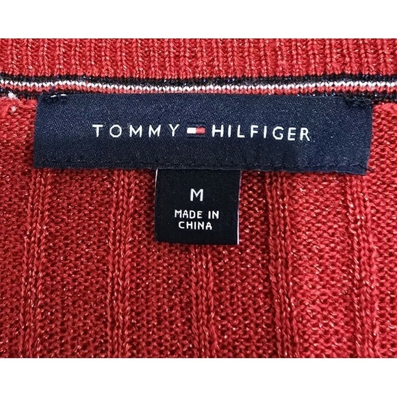 Tommy Hilfiger Women's Red Ribbed Metallic Sweater SZ M Holiday‎ V-neck - Picture 4 of 10